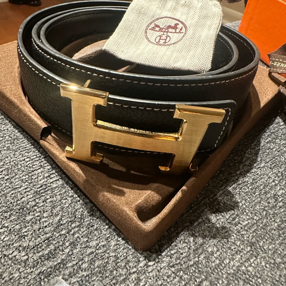Hermes Black Leather Belt with Gold H Buckle